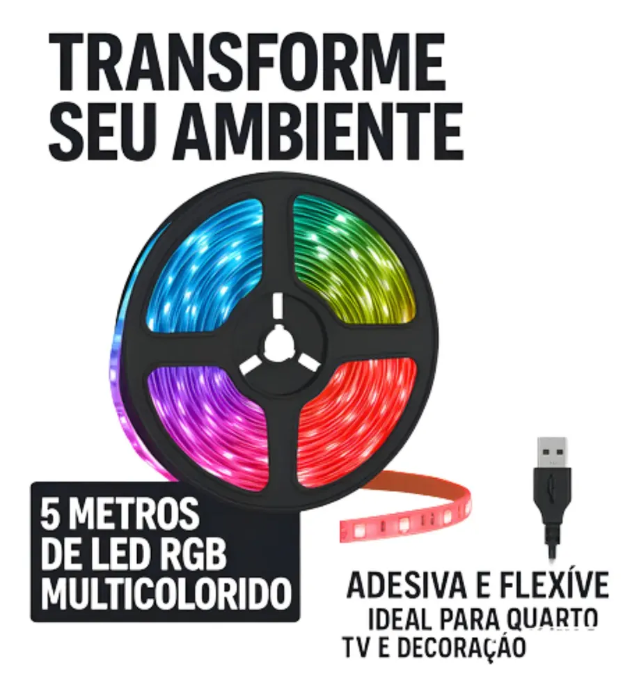 Fita Led Rgb 5 Metros Usb Com Luz Decorativa Colorida Adesiva Para Quarto Gamer Tv Festa Balcão Cozinha Espelho Ambientes Internos Externos